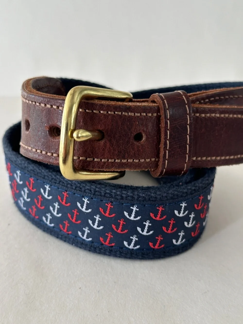 Preston New England Nautical Belt Men’s 34 Anchors Red Blue Canvas Leather USA